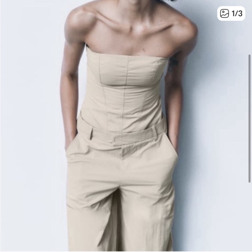 NWT Zara Strapless Wide Leg Cargo Jumpsuit in Off-White